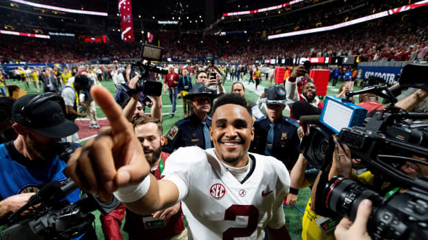 Alabama quarterback Jalen Hurts (2) after winning the SEC Championship Game at Mercedes Benz Stadium in Atlanta, Ga., on Saturday December 1, 2018. Hurts141